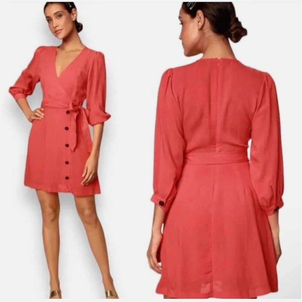 Lulus Red Long Sleeve Mini Dress XS V-Neck Button Front Bow‎ Cocktail Party